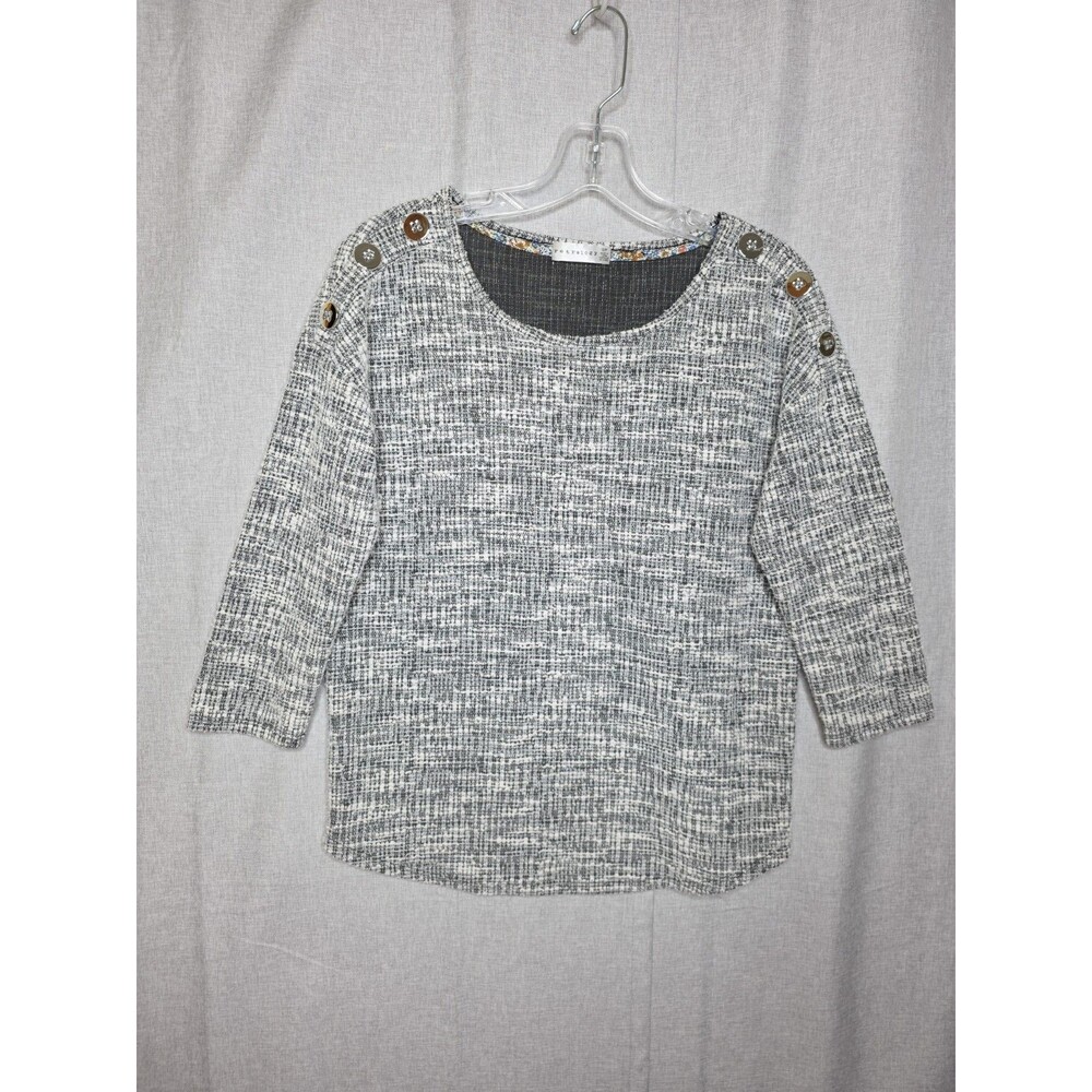 Retrology Tweed Knit Top PS Petite Small Button Shoulder Marled Gray 3/4 Sleeve